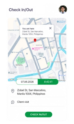 PeoplesHR mobile app check-in screen showing an employee's location on a map with clock-in details