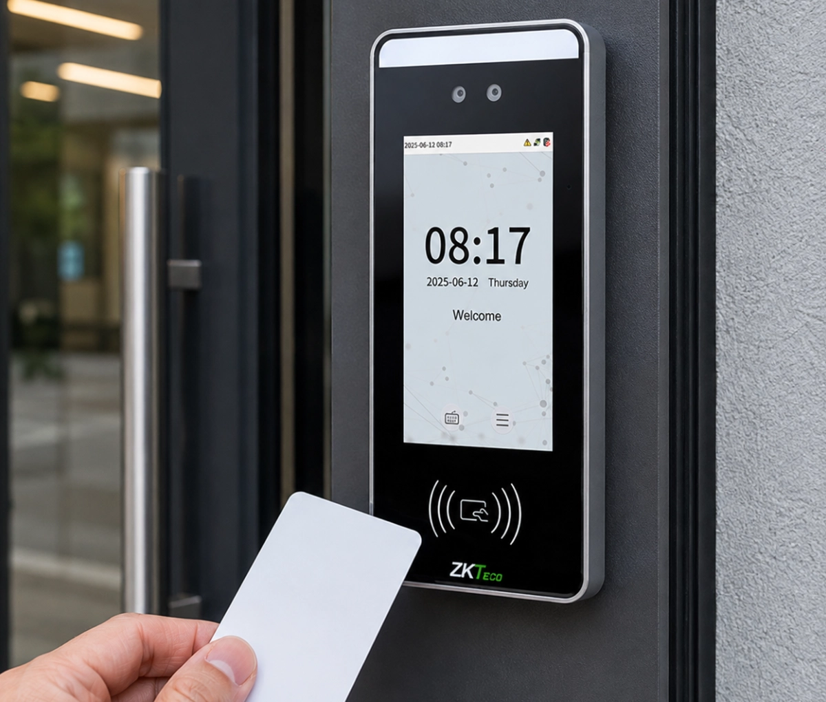 Genuine ZKTeco biometric access control device with RFID card entry mounted at a door