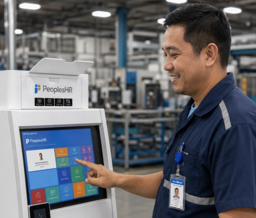 Employee checking in using a PeoplesHR biometric face and fingerprint self-service kiosk machine