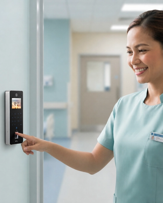 Employee using a fingerprint machine and face recognition kiosk for workplace attendance and access control