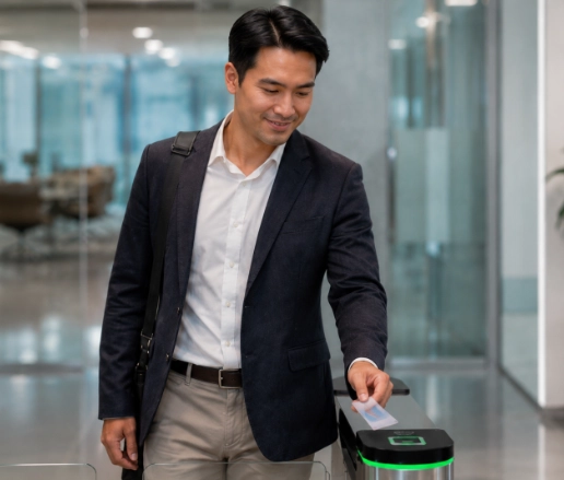 Employee badging through a turnstile access gate with a card, carrying a laptop bag