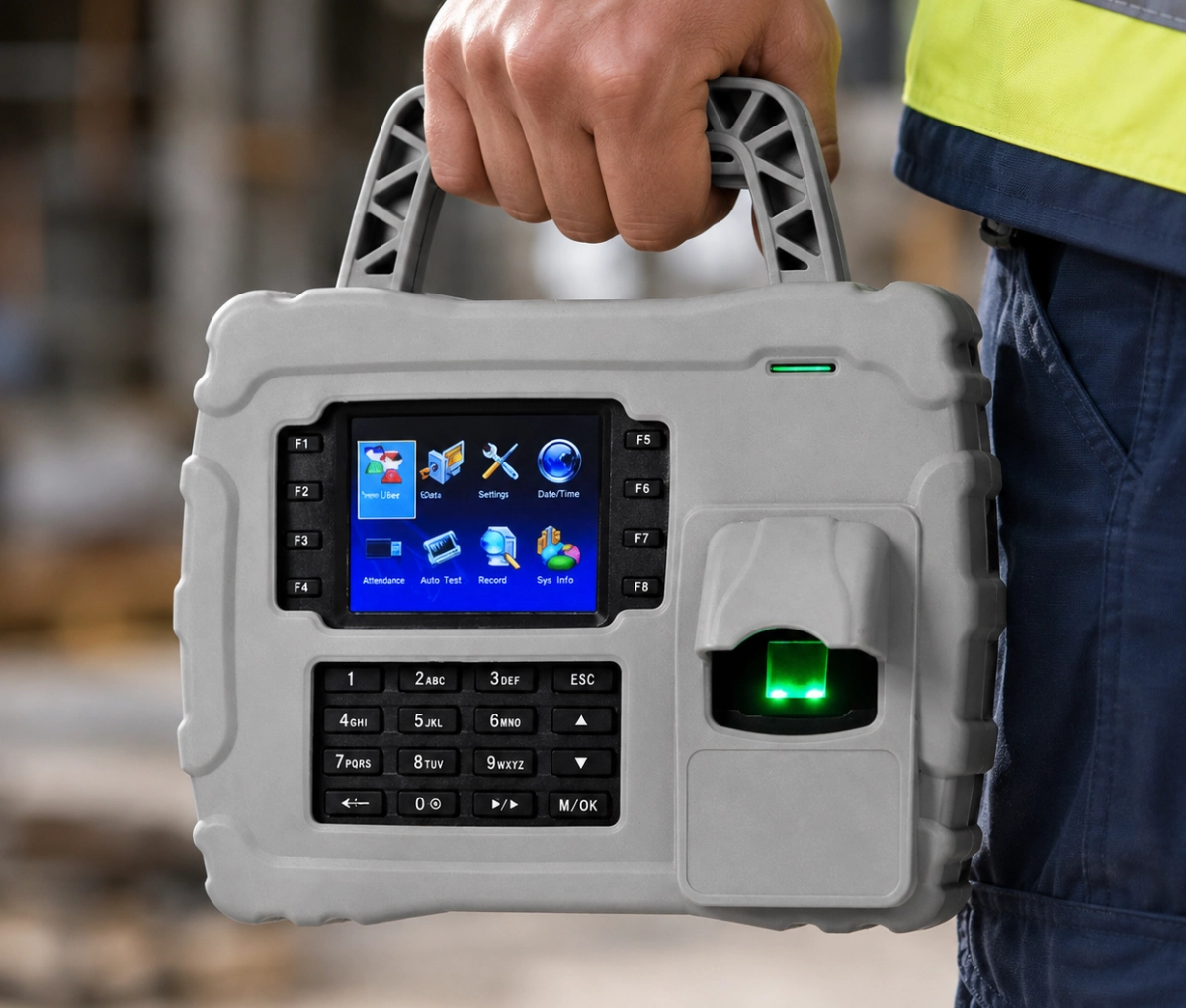 Rugged handheld biometric terminal used for on-site clock-ins