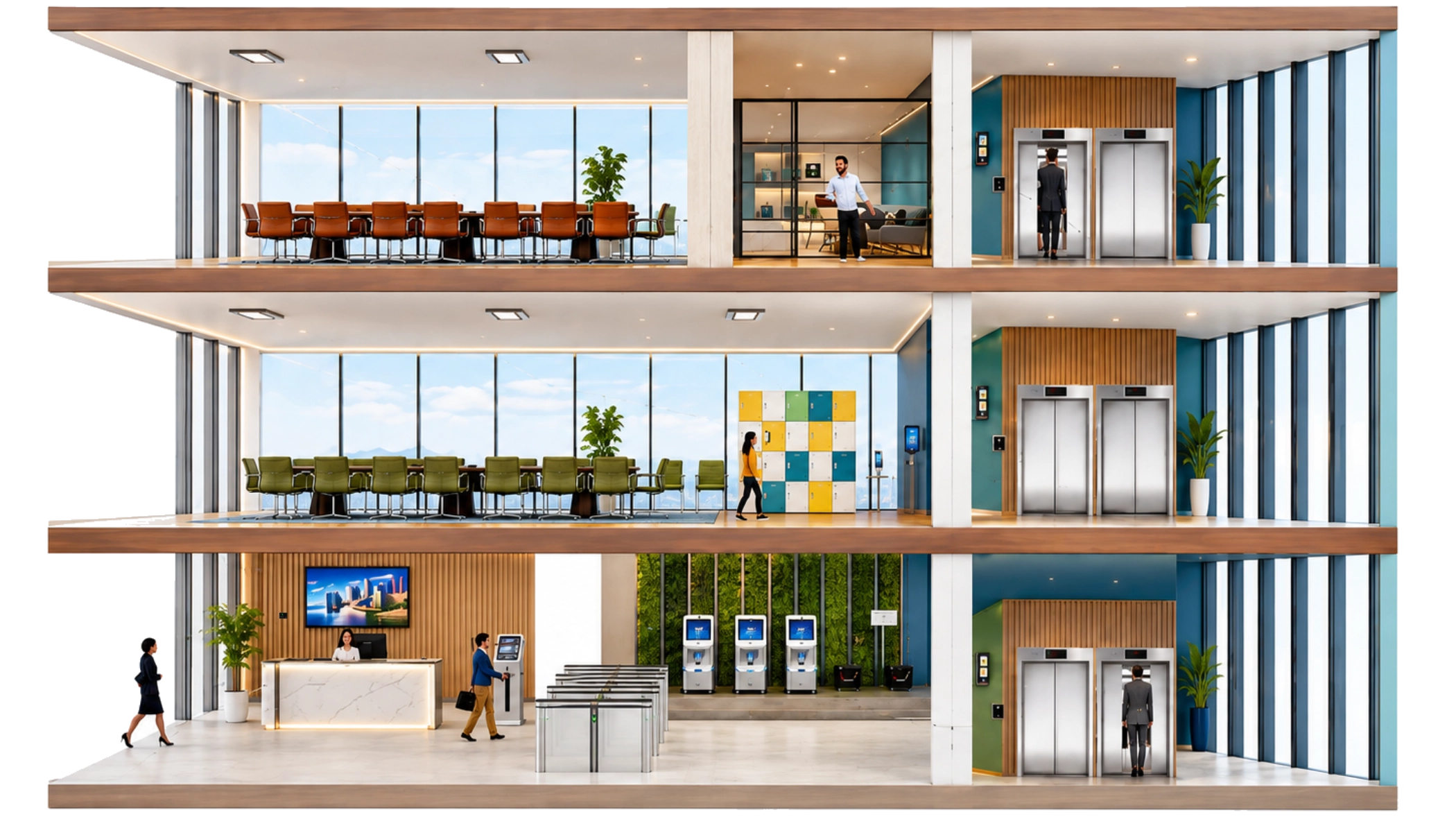 Cutaway diagram of a corporate office building showing ZKTeco biometric access control and attendance devices deployed at the lobby turnstiles, elevators, lockers, and meeting rooms across three floors