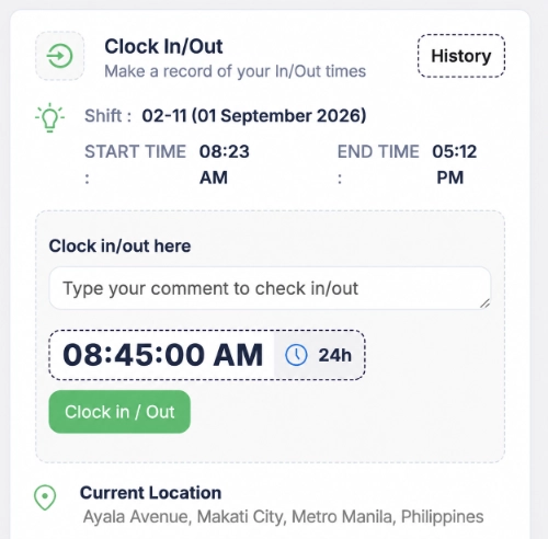 Employee clock in/out widget showing shift times and current location in Makati City