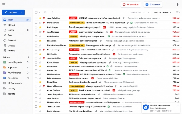 Inbox overloaded with urgent, overdue payroll and leave request emails