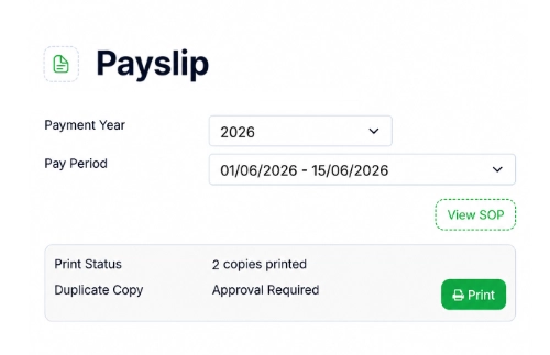PeoplesHR payslip widget showing pay period, print status and a one-click print action