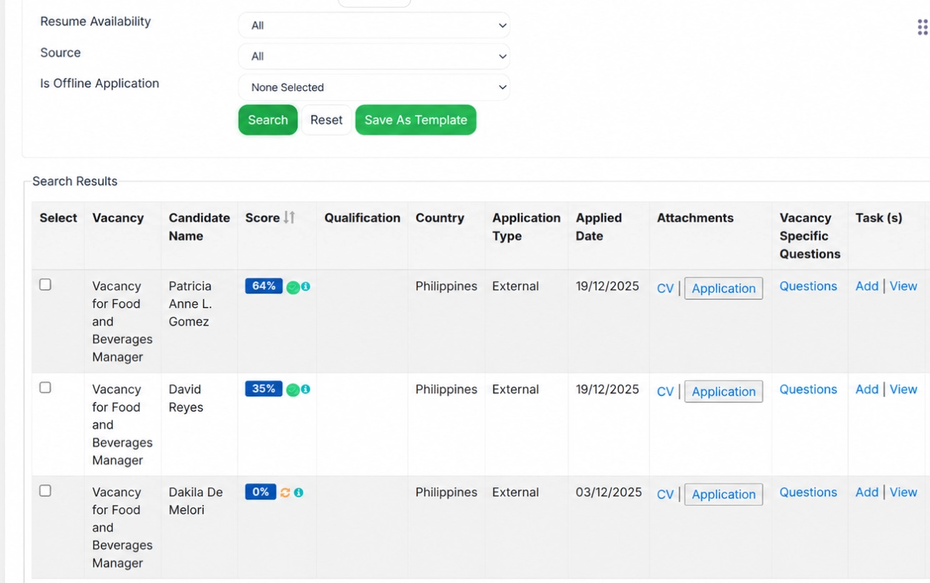 PeoplesHR candidate search results screen showing scored applicants for an open vacancy